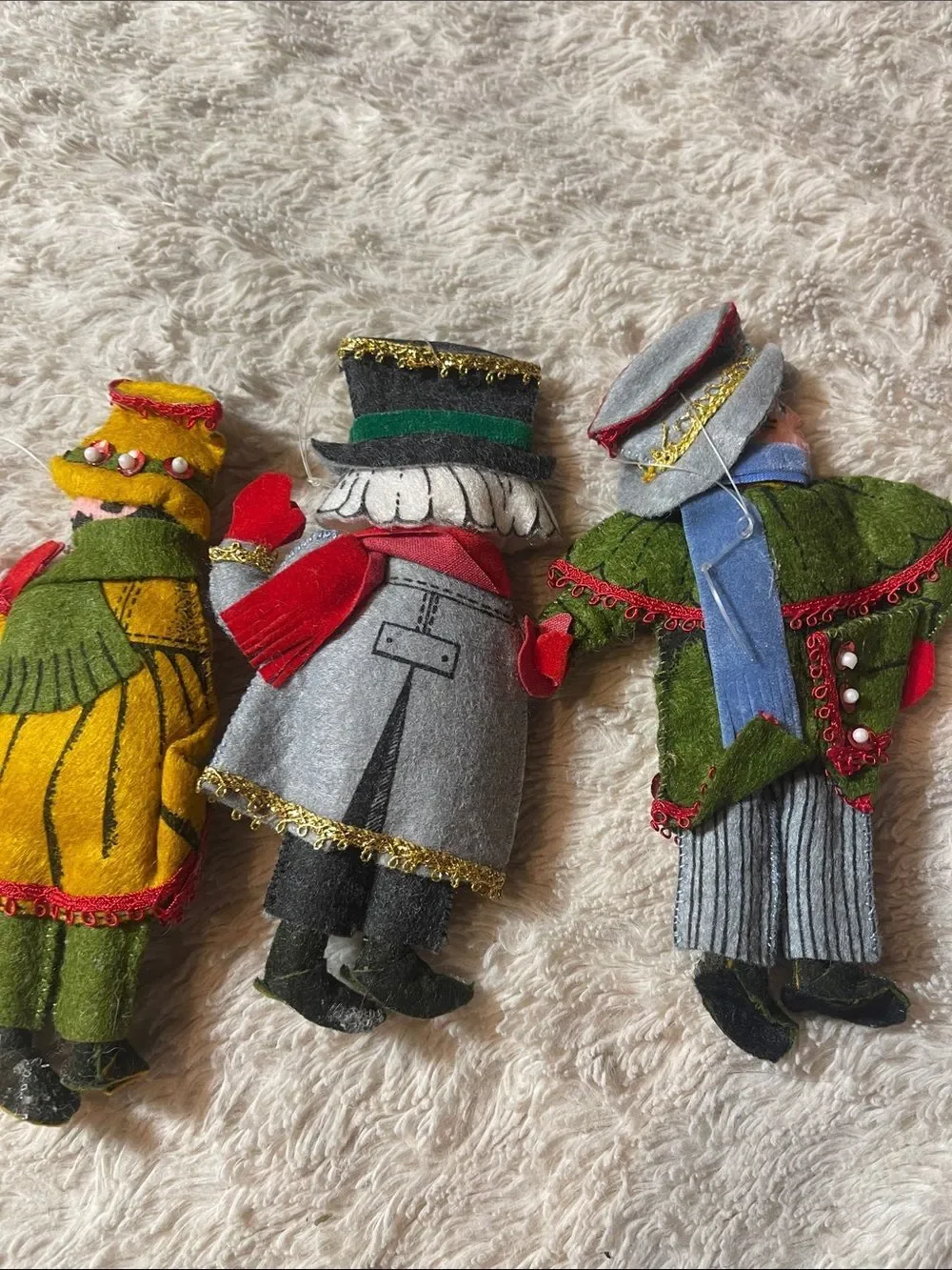 Vintage  Felt Holiday Carolers ornaments Trio in Red, Green, Yellow